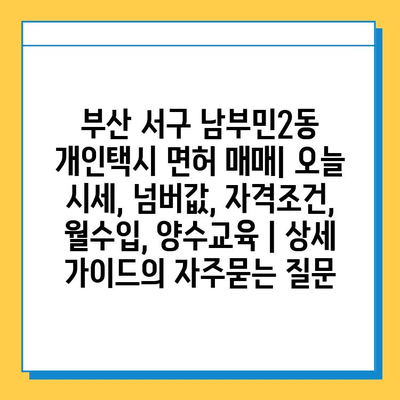 부산 서구 남부민2동 개인택시 면허 매매| 오늘 시세, 넘버값, 자격조건, 월수입, 양수교육 | 상세 가이드